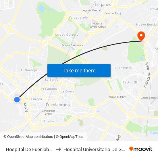 Hospital De Fuenlabrada to Hospital Universitario De Getafe. map