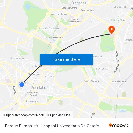 Parque Europa to Hospital Universitario De Getafe. map