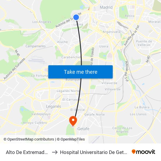 Alto De Extremadura to Hospital Universitario De Getafe. map