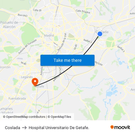 Coslada to Hospital Universitario De Getafe. map