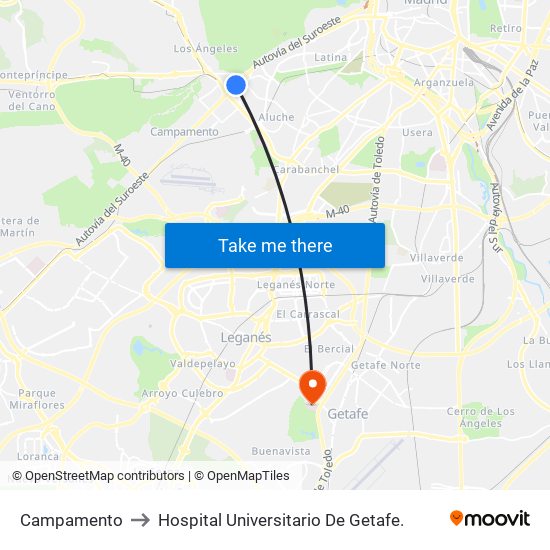 Campamento to Hospital Universitario De Getafe. map