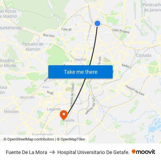 Fuente De La Mora to Hospital Universitario De Getafe. map