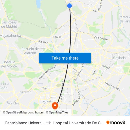 Cantoblanco Universidad to Hospital Universitario De Getafe. map