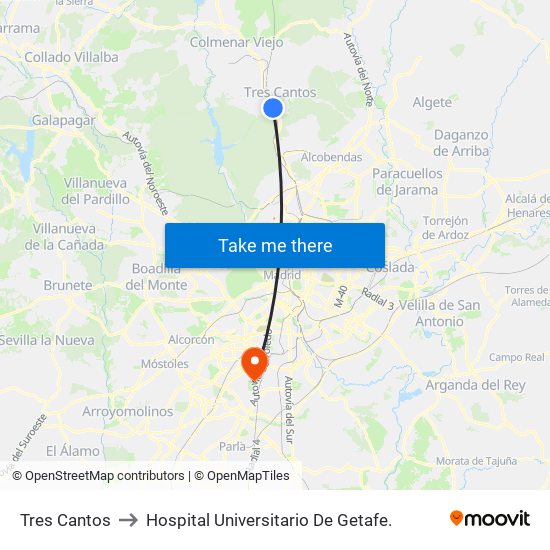 Tres Cantos to Hospital Universitario De Getafe. map