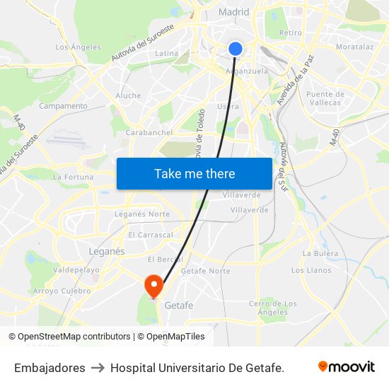 Embajadores to Hospital Universitario De Getafe. map