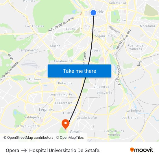 Ópera to Hospital Universitario De Getafe. map