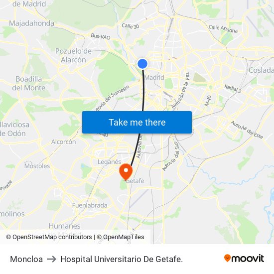 Moncloa to Hospital Universitario De Getafe. map