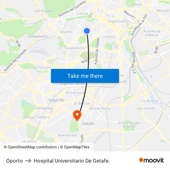 Oporto to Hospital Universitario De Getafe. map