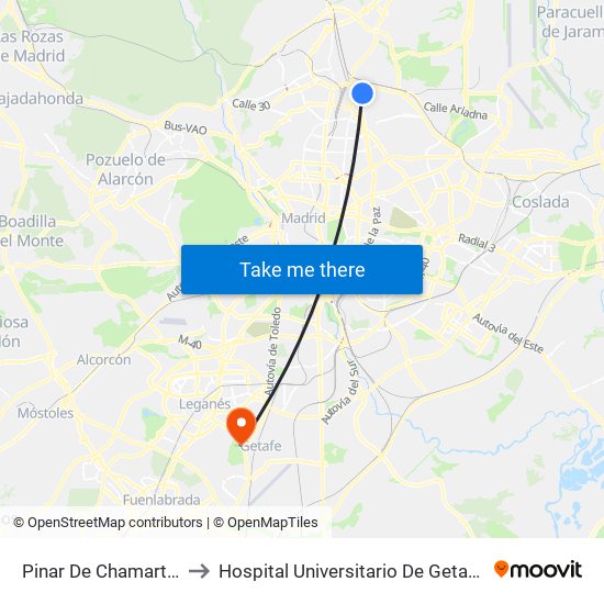 Pinar De Chamartín to Hospital Universitario De Getafe. map