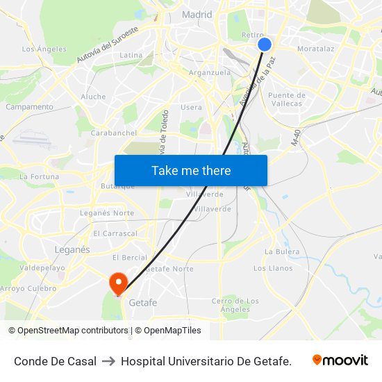 Conde De Casal to Hospital Universitario De Getafe. map