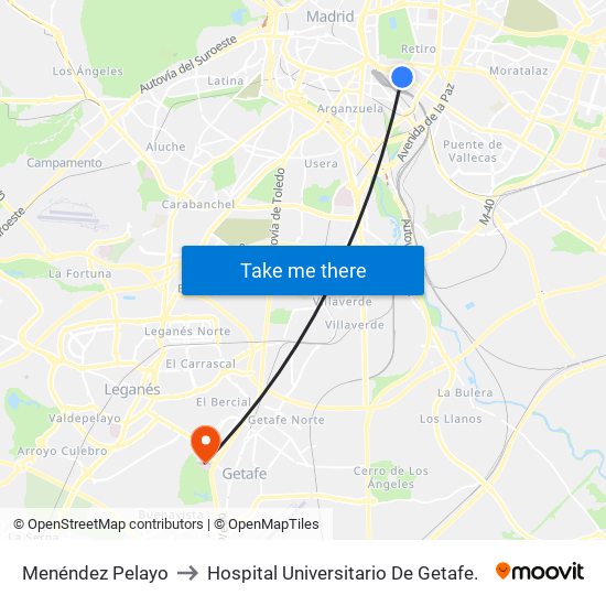 Menéndez Pelayo to Hospital Universitario De Getafe. map