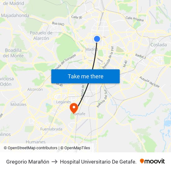 Gregorio Marañón to Hospital Universitario De Getafe. map
