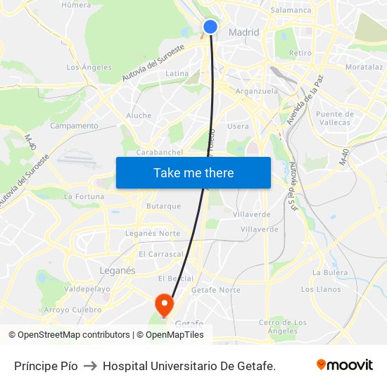 Príncipe Pío to Hospital Universitario De Getafe. map