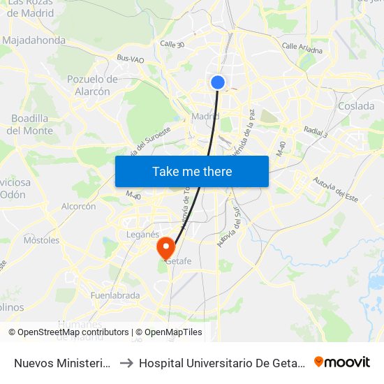 Nuevos Ministerios to Hospital Universitario De Getafe. map