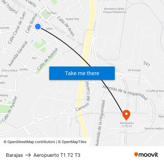 Barajas to Aeropuerto T1 T2 T3 map