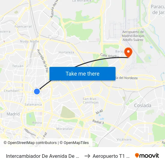 Intercambiador De Avenida De América to Aeropuerto T1 T2 T3 map