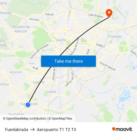 Fuenlabrada, Calle de Leganés, 1 28945 Fuenlabrada to Aeropuerto T1 T2 T3 map