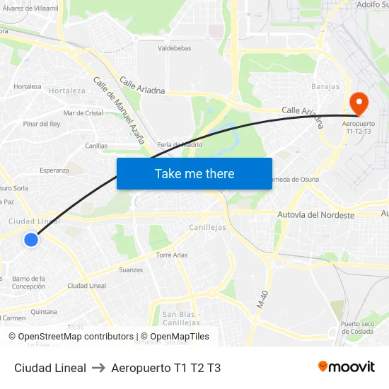 Ciudad Lineal to Aeropuerto T1 T2 T3 map