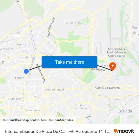 Intercambiador De Plaza De Castilla to Aeropuerto T1 T2 T3 map