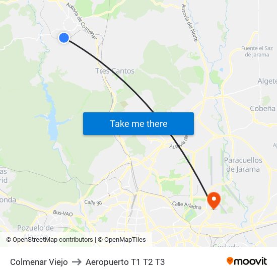 Colmenar Viejo to Aeropuerto T1 T2 T3 map