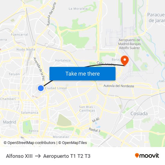 Alfonso XIII to Aeropuerto T1 T2 T3 map