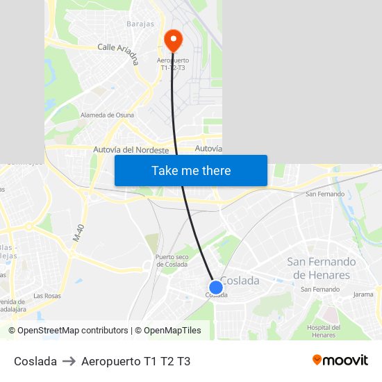 Coslada to Aeropuerto T1 T2 T3 map