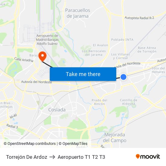 Torrejón De Ardoz to Aeropuerto T1 T2 T3 map