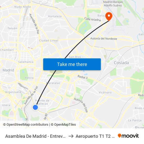 Asamblea De Madrid - Entrevías to Aeropuerto T1 T2 T3 map