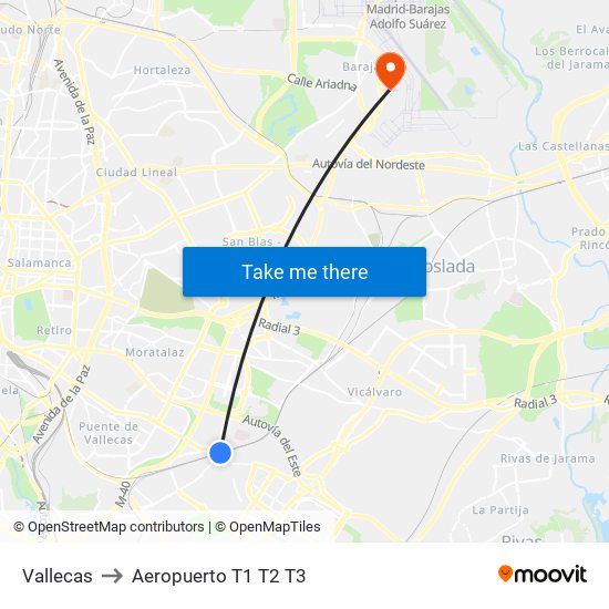 Vallecas to Aeropuerto T1 T2 T3 map