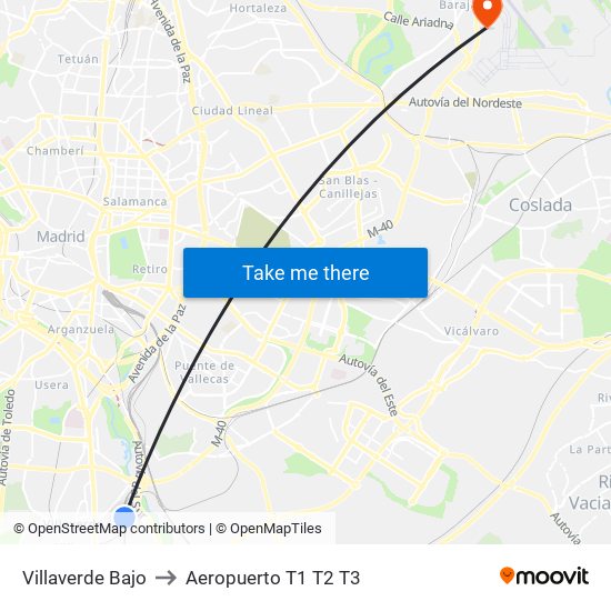 Villaverde Bajo to Aeropuerto T1 T2 T3 map