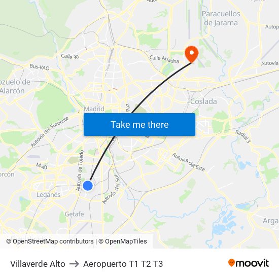 Villaverde Alto to Aeropuerto T1 T2 T3 map