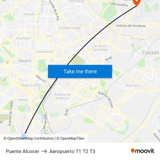 Puente Alcocer to Aeropuerto T1 T2 T3 map