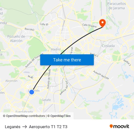 Leganés to Aeropuerto T1 T2 T3 map