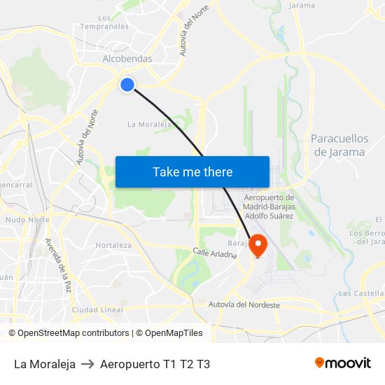 La Moraleja to Aeropuerto T1 T2 T3 map