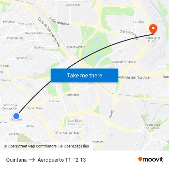 Quintana to Aeropuerto T1 T2 T3 map