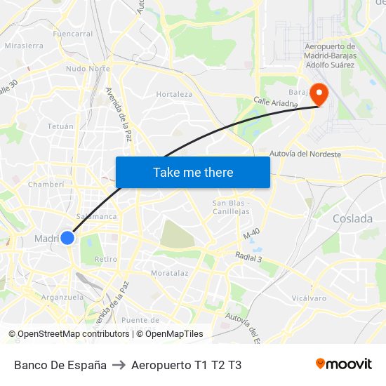 Banco De España to Aeropuerto T1 T2 T3 map