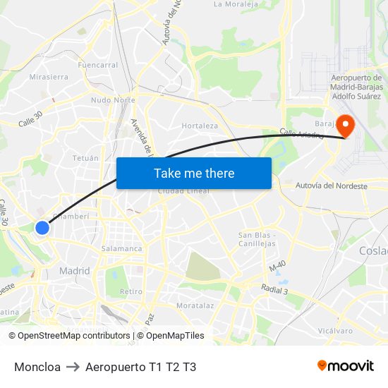 Moncloa to Aeropuerto T1 T2 T3 map