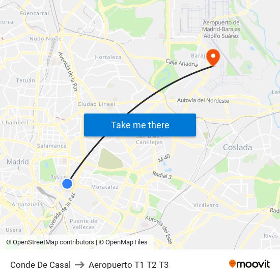 Conde De Casal to Aeropuerto T1 T2 T3 map