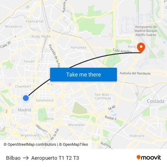Bilbao to Aeropuerto T1 T2 T3 map