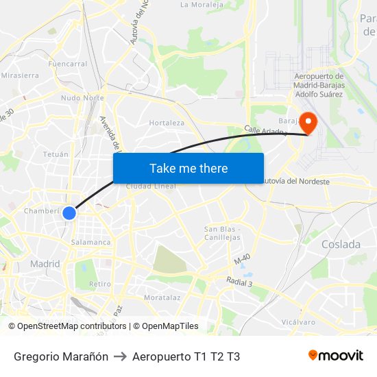 Gregorio Marañón to Aeropuerto T1 T2 T3 map