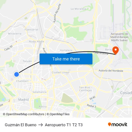 Guzmán El Bueno to Aeropuerto T1 T2 T3 map