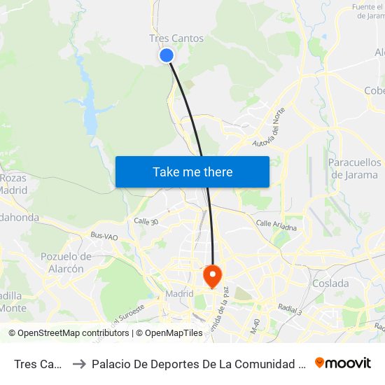 Tres Cantos to Palacio De Deportes De La Comunidad De Madrid map