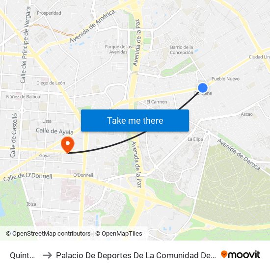 Quintana to Palacio De Deportes De La Comunidad De Madrid map