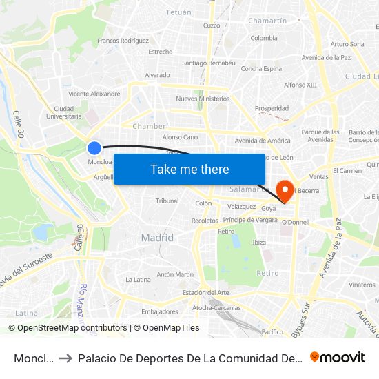 Moncloa to Palacio De Deportes De La Comunidad De Madrid map