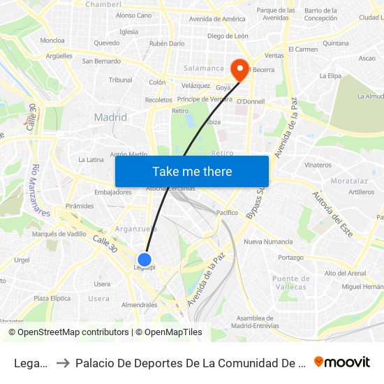 Legazpi to Palacio De Deportes De La Comunidad De Madrid map