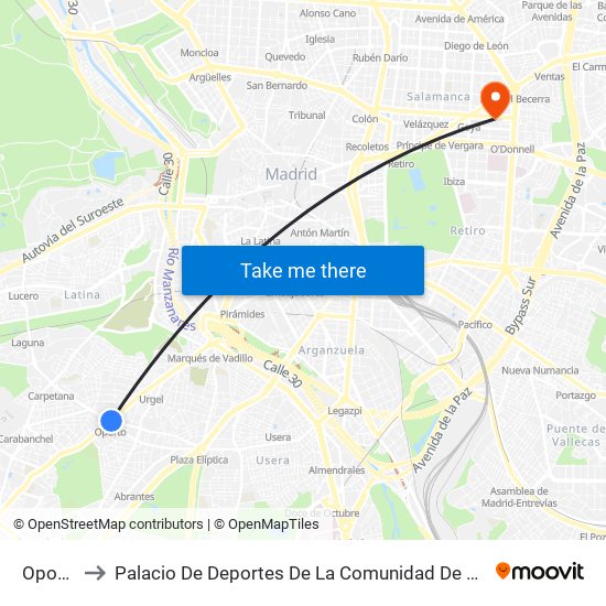 Oporto to Palacio De Deportes De La Comunidad De Madrid map