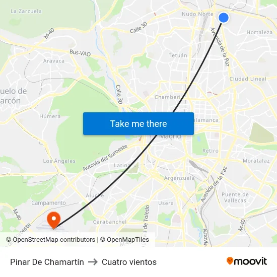 Pinar De Chamartín to Cuatro vientos map