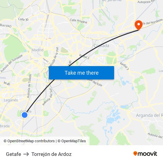 Getafe to Torrejón de Ardoz map
