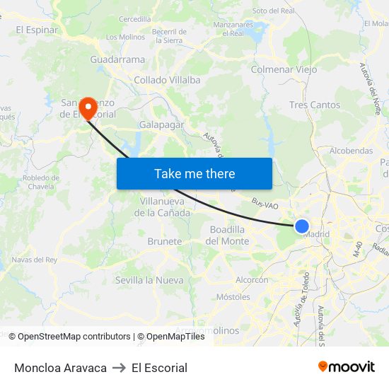 Moncloa Aravaca to El Escorial map