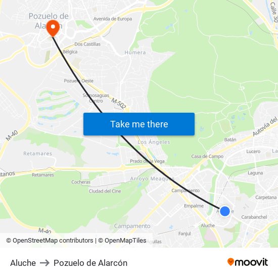 Aluche to Pozuelo de Alarcón map